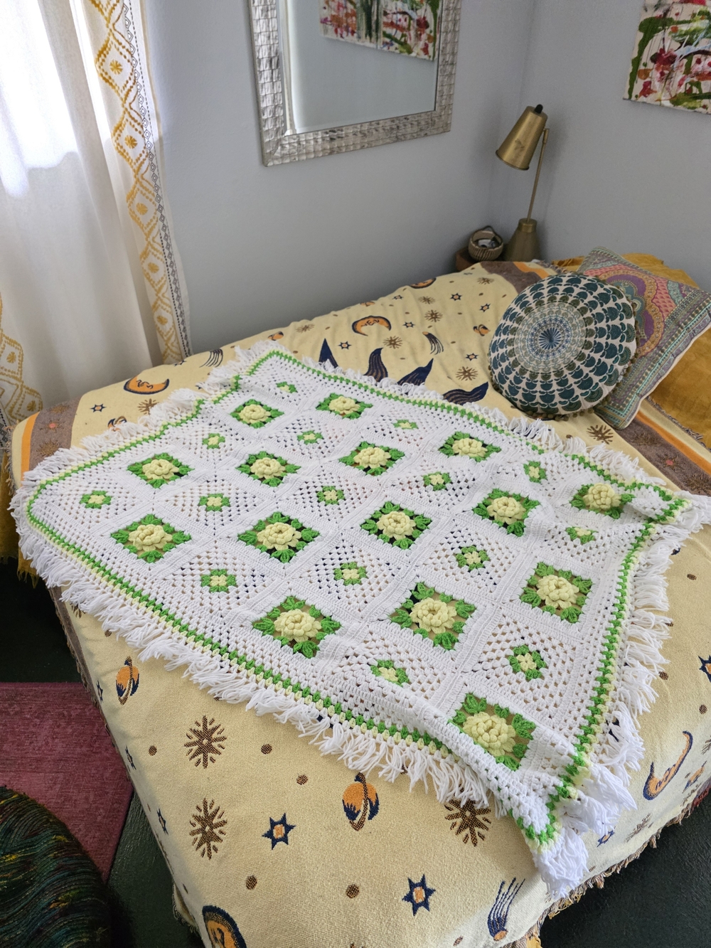 Vintage 70s White and Green Crochet Throw Blanket Child Size Or Lap Blanket